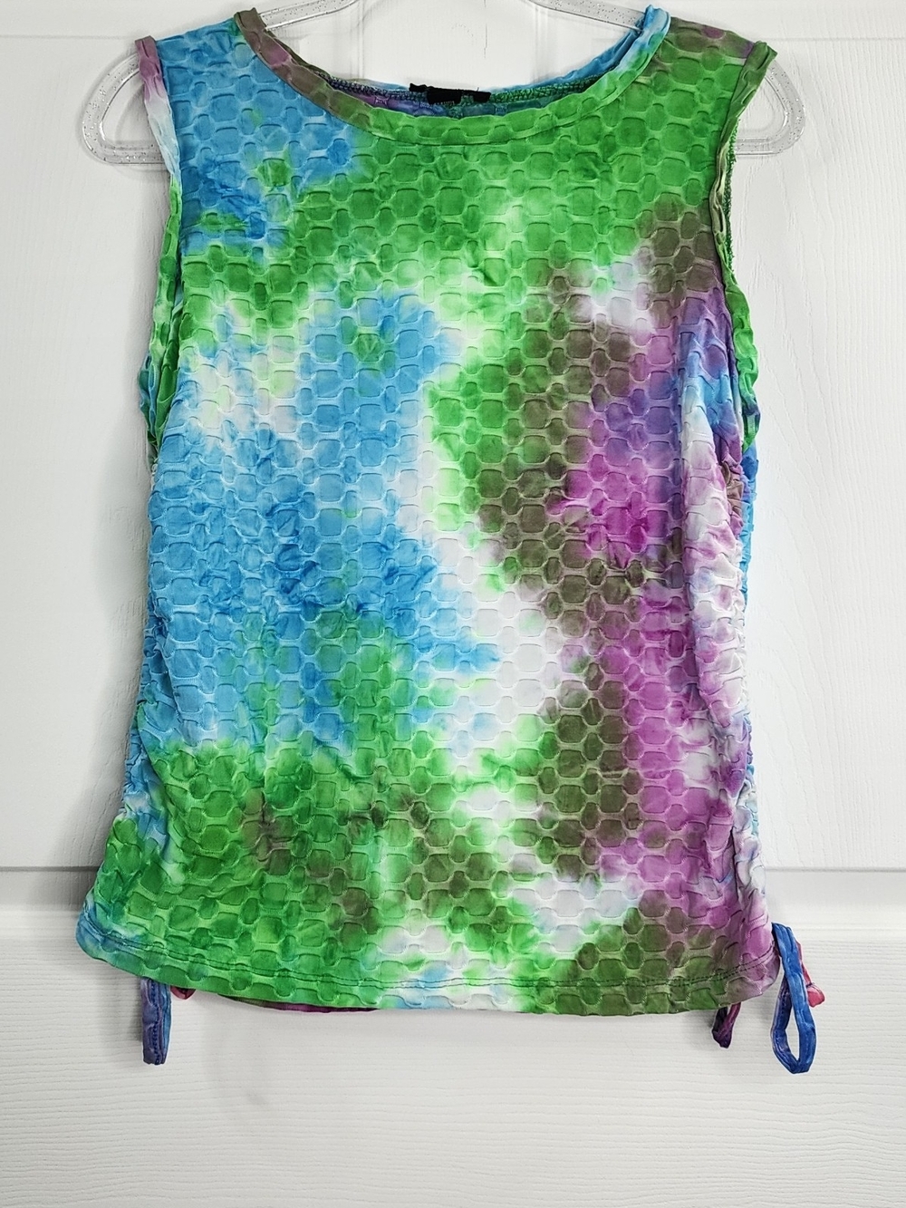 Vibrant Tie Dye Honeycomb Textured Tank Top Size 3X Side Ruched Drawstring